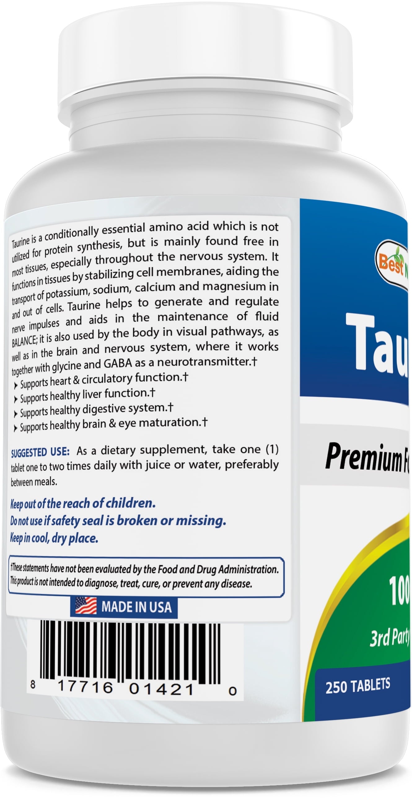 Taurine 1000 Mg 250 Tablets | Supports Eye Health, Healthy Cellular Activity & Cardiovascular Health