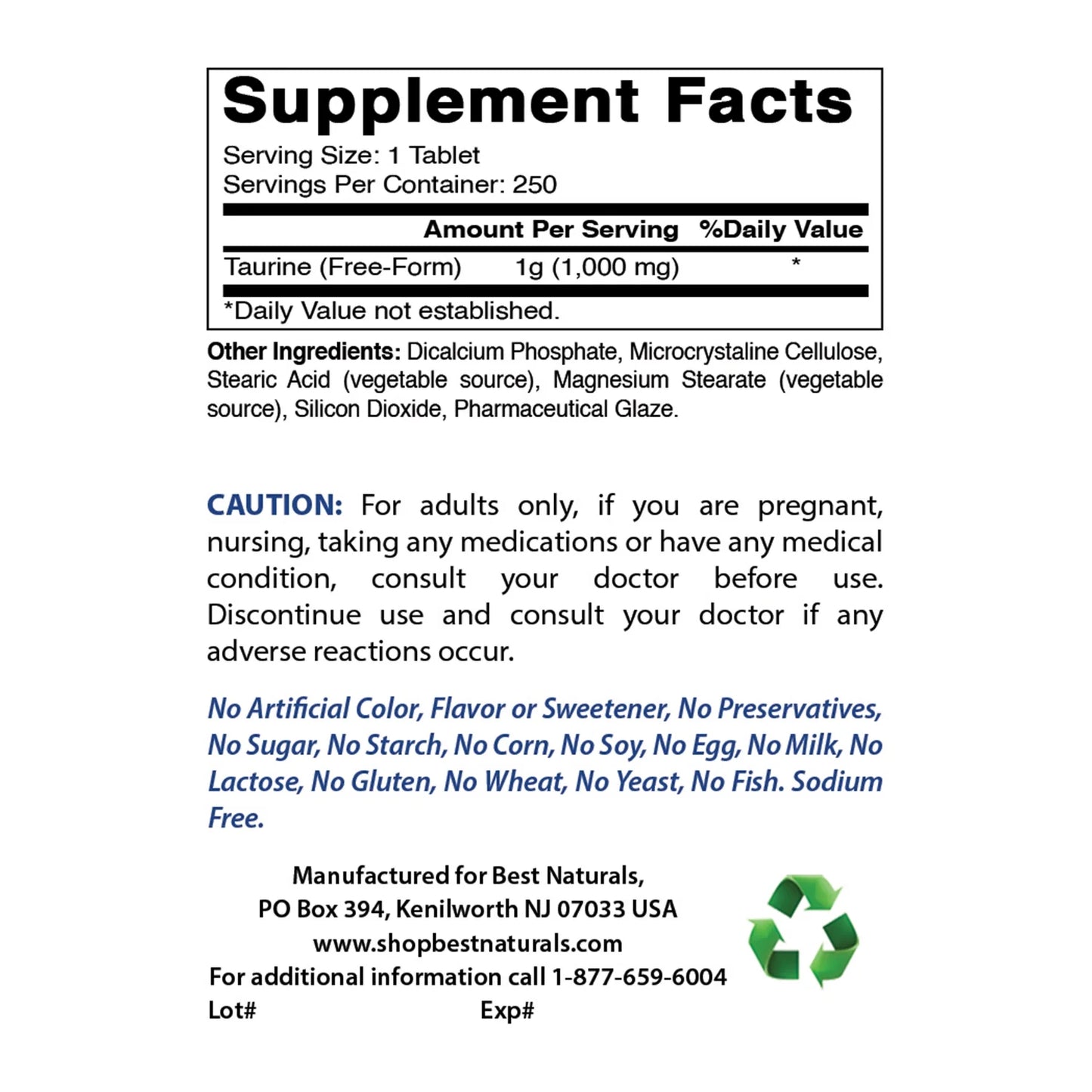 Taurine 1000 Mg 250 Tablets | Supports Eye Health, Healthy Cellular Activity & Cardiovascular Health