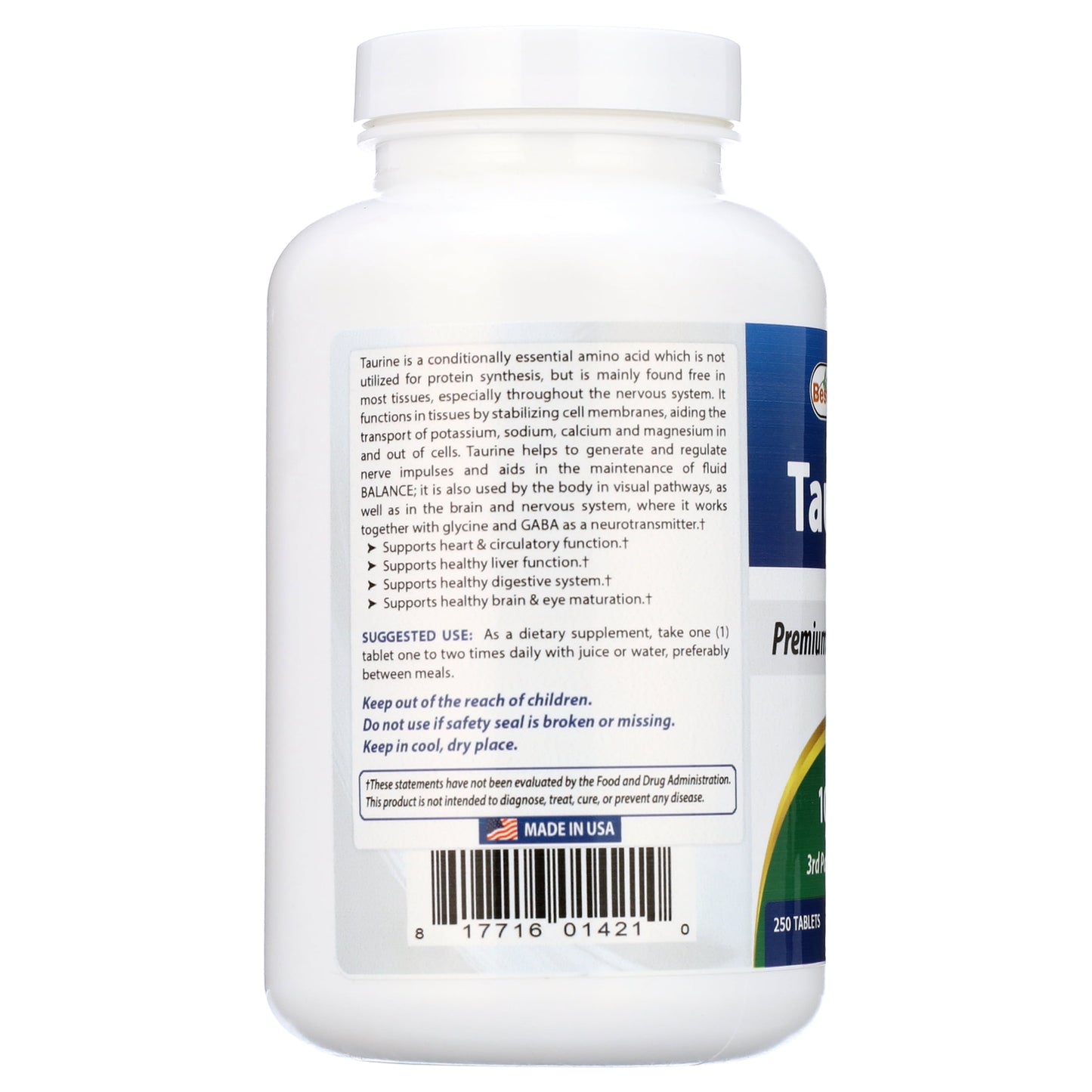 2 Pack  Taurine 1000 Mg 250 Tablets | Supports Eye Health, Healthy Cellular Activity & Cardiovascular Health
