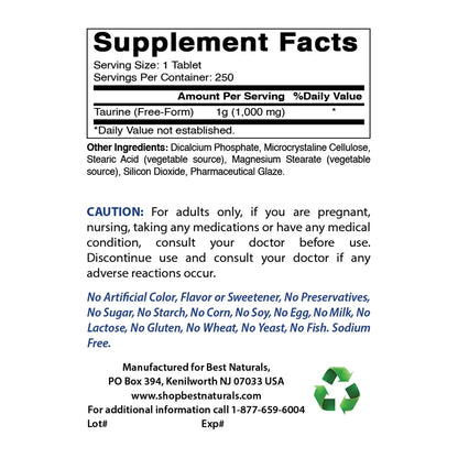 Taurine 1000 Mg 250 Tablets | Supports Eye Health, Healthy Cellular Activity & Cardiovascular Health