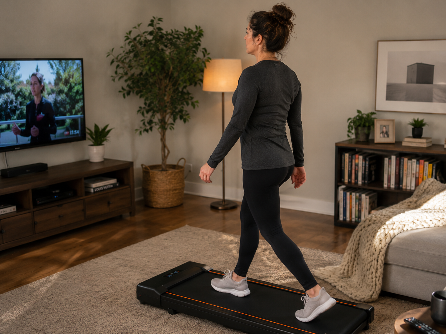 Woman walking on walking pad while working at desk